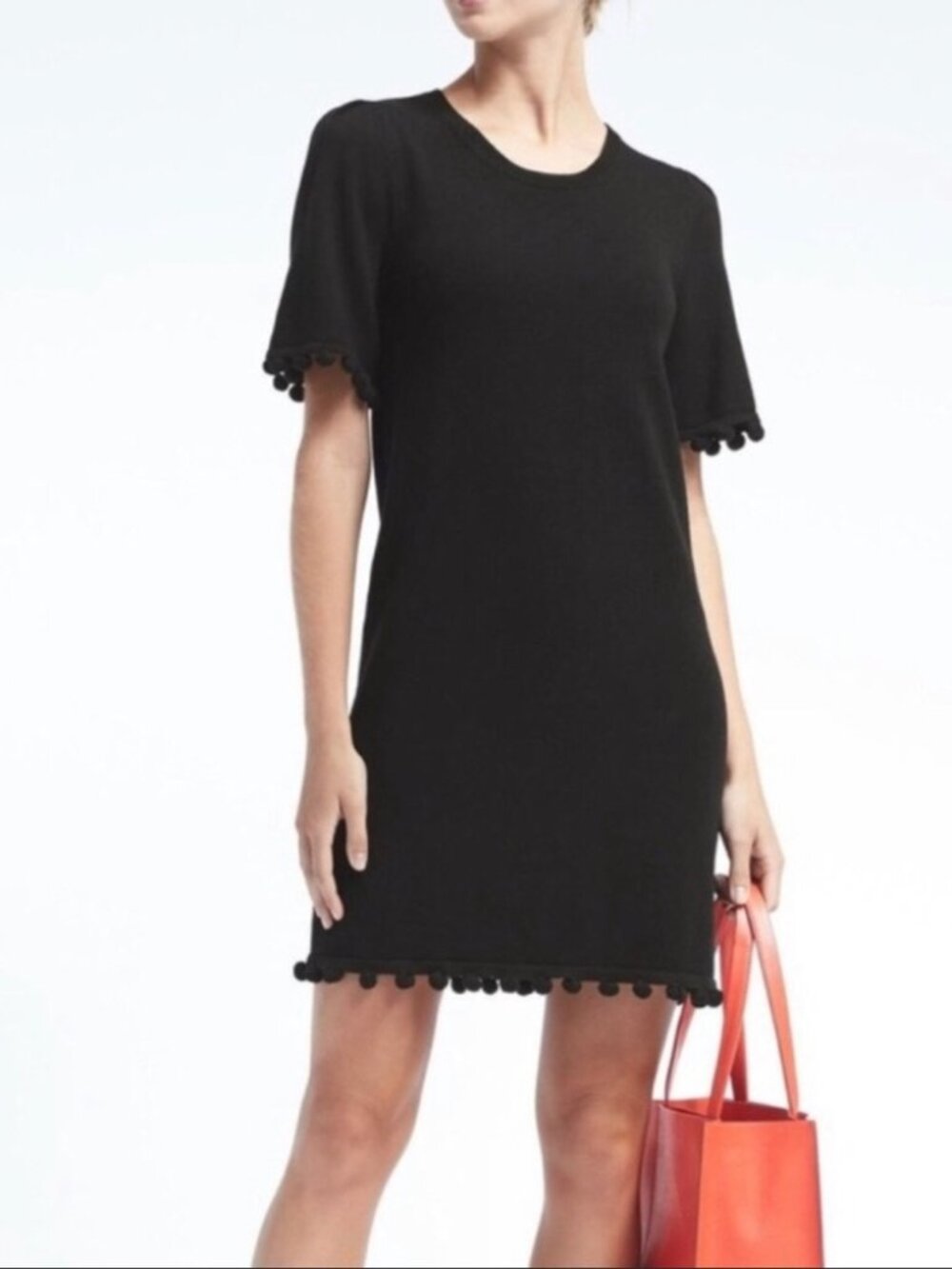 Banana Republic Short Sleeve Pom Pom Trim Knit Dress Black Tall Small